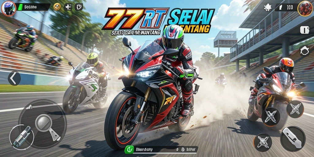 Screenshot 777RT menampilkan aksi balap motor yang intens dan mendebarkan.