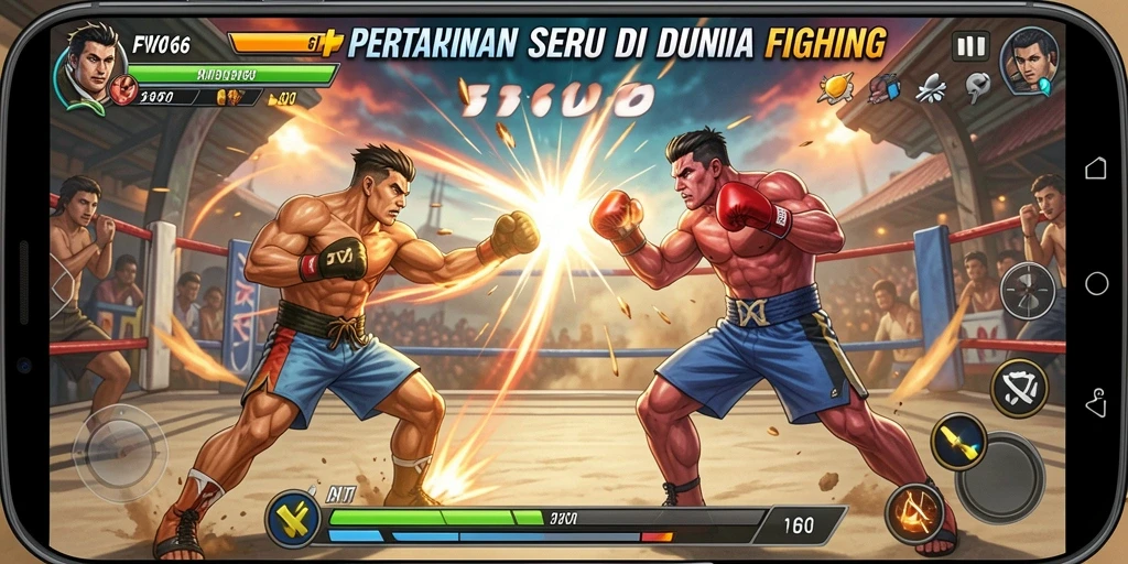 Screenshot gameplay FW66 menampilkan pertarungan intens dan karakter yang beragam.