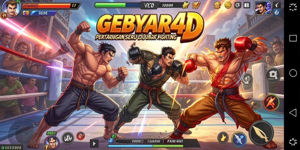 Screenshot utama GEBYAR4D menampilkan pertarungan karakter yang intens.
