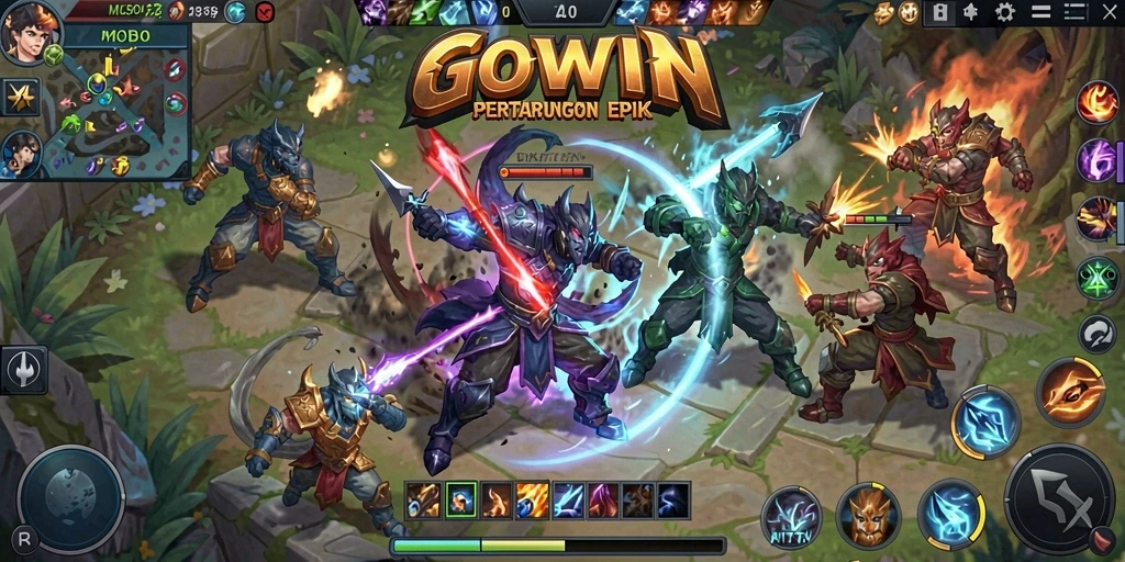 Tangkapan layar gameplay GOWIN yang seru dalam pertempuran MOBA.