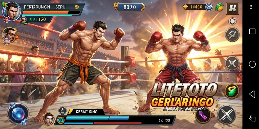 Tampilan gameplay LITETOTO dengan karakter bertarung di arena seru.