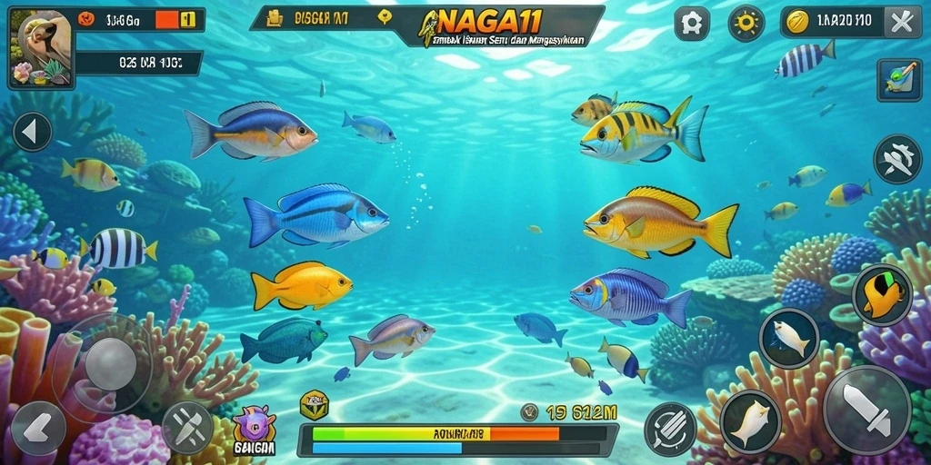 Screenshot gameplay NAGA11 dengan aksi menembak ikan.