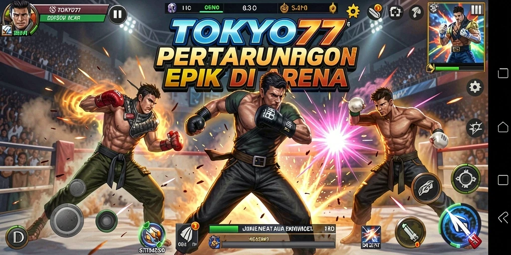 Screenshot gameplay TOKYO77 menunjukkan pertarungan yang mendebarkan.