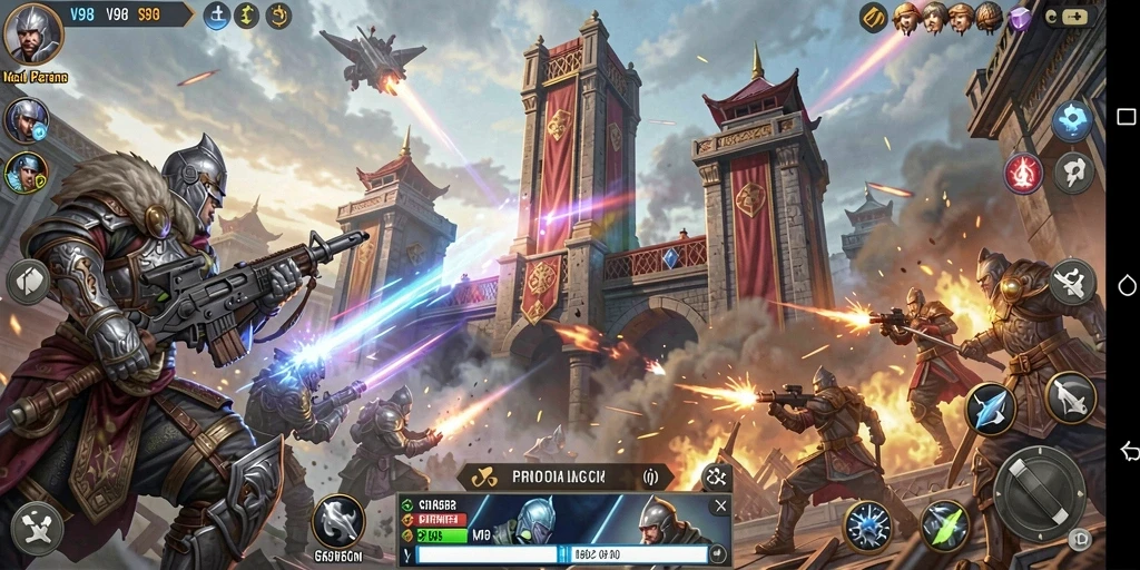 Tampilan gameplay menegangkan di V98 dengan strategi menara yang cermat.